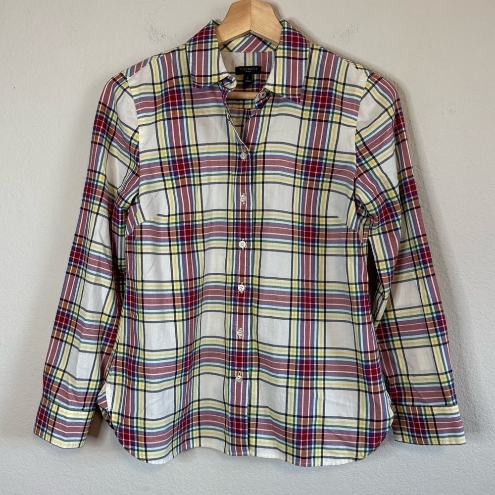 Talbots Classic Cotton Button Front Shirt Blouse Red Green Party Plaid Top Sz SM